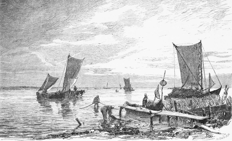 On the shore of the Curonian Spit, Curonian Lagoon, Kaliningrad Oblast, Russia, sailing boat, wooden jetty, barges, reeds, fishermen, historical illustration 1880, Europe