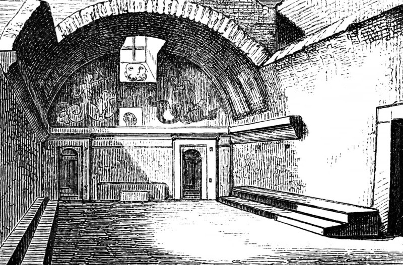 Apodyterium in Pompeii, Apodyterion, public thermal baths, interior, Italy, historical illustration 1880, Europe