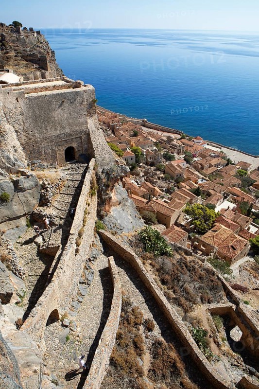 Byzantine castle town of Monemvasia, Monemvassia, Monemwassia, Monembasia, in the Myrtoan Sea, Laconia, Peloponnese, Greece, Europe