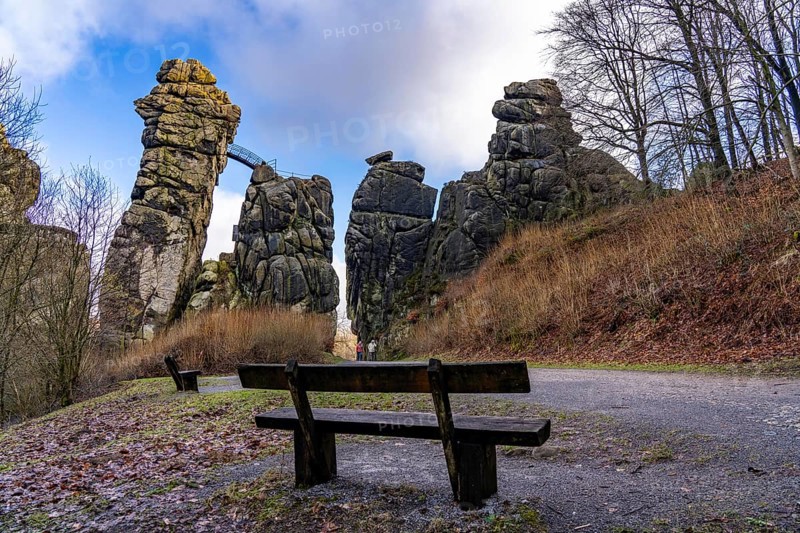 The Externsteine, a sandstone rock formation, in the Teutoburg Forest, near Horn-Bad Meinberg, Lippe district, North Rhine-Westphalia, Germany, Europe