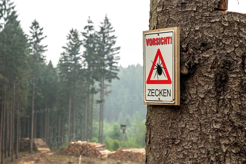 Warning sign for ticks, in the Arnsberg Forest, near Hirschberg, Sauerland, North Rhine-Westphalia, Germany, Europe