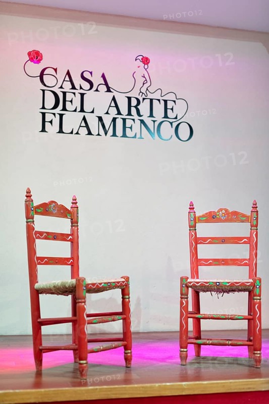 Two decorative red chairs on a stage under the lettering 'Casa Del Arte Flamenco', Granada