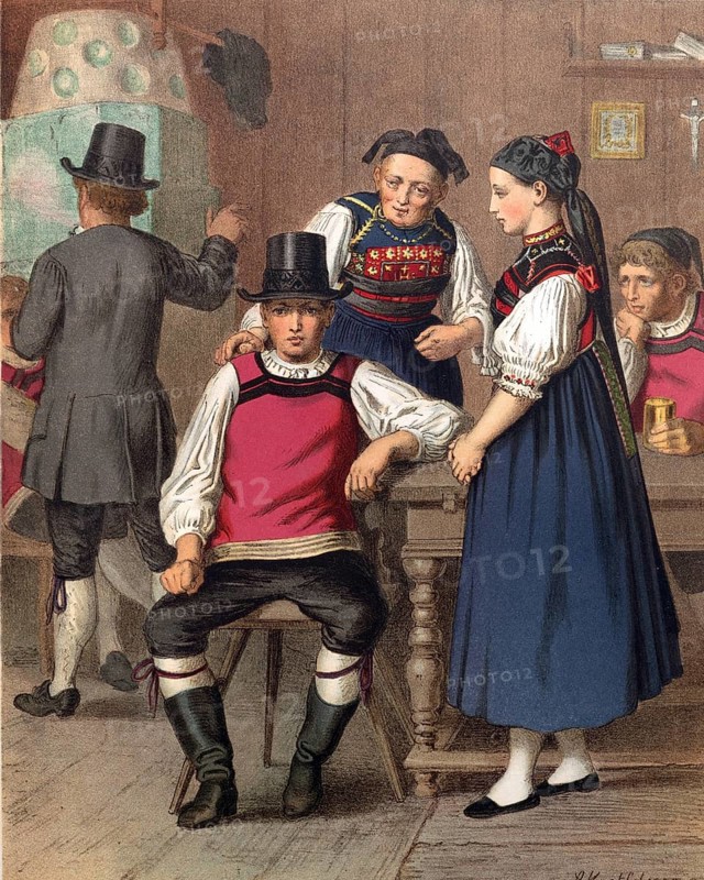 Traditional costumes in Germany around 1820, Baden, Rickesbach, young people in traditional traditional costume in a warm interior with a stove, digitally retouched reproduction of a model from around 1850, by Albert Kretschmer (27 February 1825, 11 July 1891), German painter and costumier