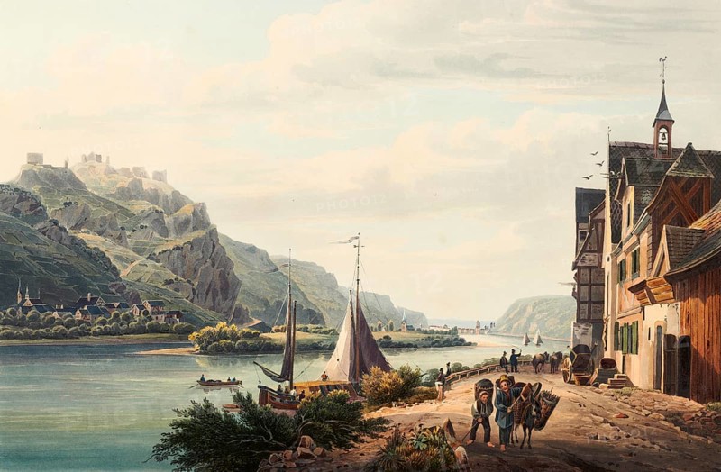 View from the wine village of Hammerstein to Andernach, Rhineland-Palatinate, Germany, view around 1830, digitally restored reproduction of a 19th century model by Johann Ludwig Bleuler (12 February 1792 - 28 March 1850), Swiss draughtsman and painter, Europe