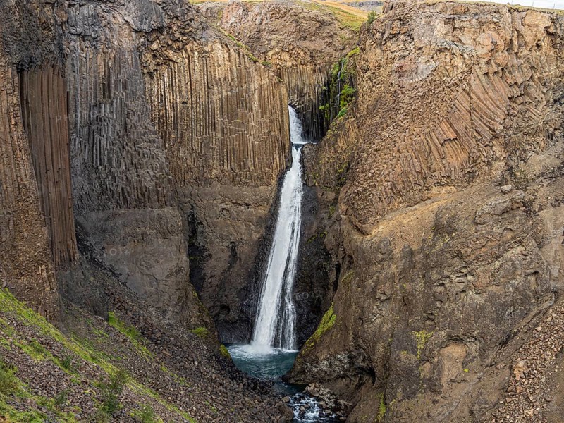 Litlanesfoss waterfall, hexagonal basalt columns, Iceland, Europe