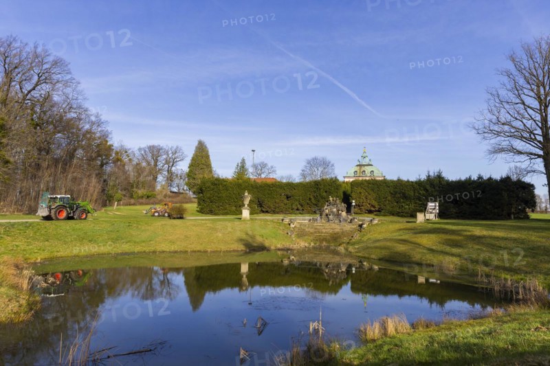 The Fasanenschlösschen is a castle complex in the municipality of Moritzburg near Dresden, which was built on behalf of the Princely House of Wettin. It is located in the pheasantry of the Moritzburg castle park, which was laid out in 1728, and is named after the pheasants bred there. Magnificent vases and a baroque fountain in the park, Moritzburg, Saxony, Germany, Europe