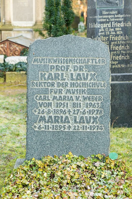 The Trinitatisfriedhof cemetery in Dresden's Johannstadt district is one of the city's burial grounds originally laid out as an epidemic cemetery alongside the Eliasfriedhof cemetery. Due to its artistic design, it is one of the most important cemeteries in Dresden in terms of urban history and cultural history and is the fifth largest cemetery in the city. Gravesite of Karl Laux Rector of the Academy of Music, Dresden, Saxony, Germany, Europe