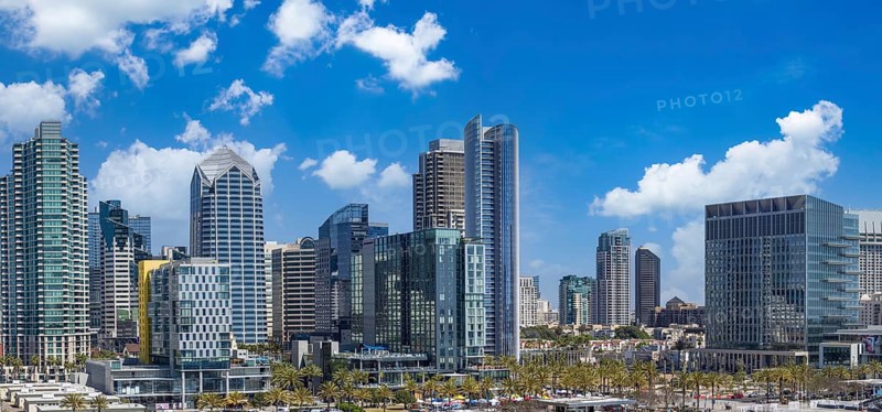 USA, Scenic San Diego downtown financial district city skyline and skyscrapers. San Diego Bay, North America