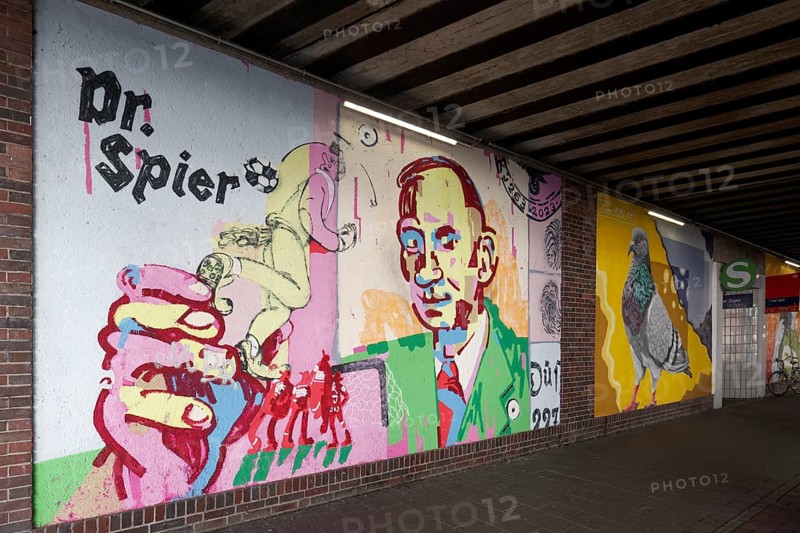 Portrait of the Jewish doctor Dr Spier, murdered in Auschwitz, mural in a subway by street artist KJ263, urban art in the Oberbilk district, Düsseldorf, North Rhine-Westphalia, Germany, Europe