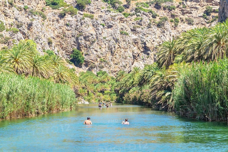 View of Megalopotamos river and Preveli palm forest, Rethymno, Crete, Greek Islands, Greece, Europe