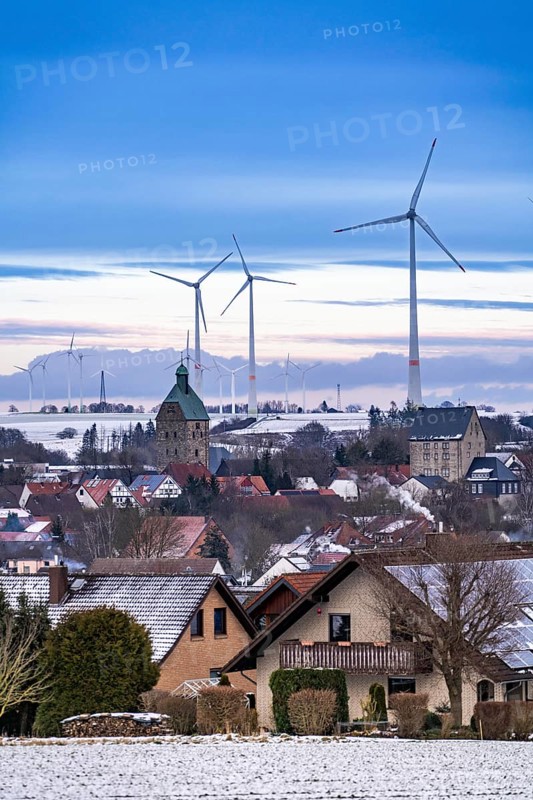 The town of Lichtenau, self-proclaimed energy town, wind farm, over 190 wind turbines and over 1200 solar panels generate 10 times as much electricity as the community of 11, 900 inhabitants consumes, largest onshore cluster of wind turbines in Germany, winter, slightly snow-covered landscape, North Rhine-Westphalia, Germany, Europe