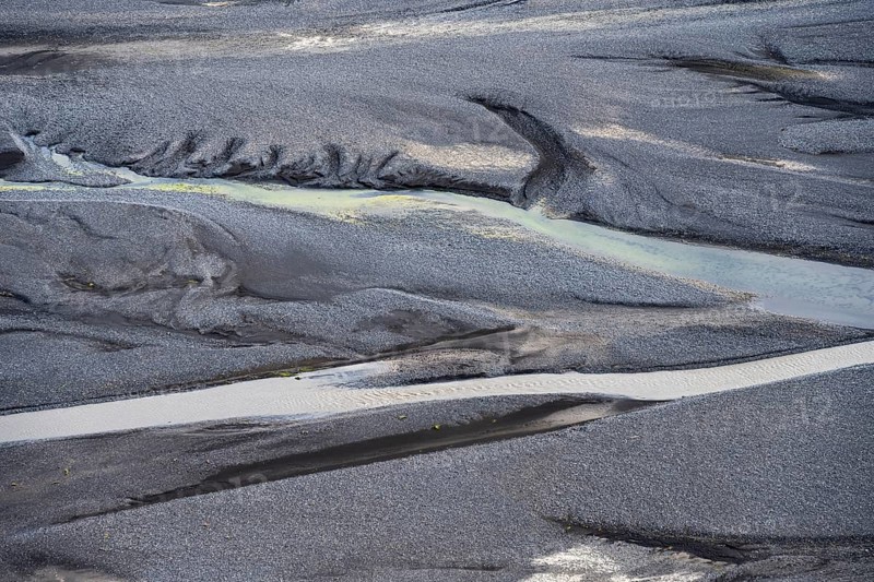Detail, structure, river course in a gravel bed with black sand, meandering river, Dímonarhellir, Suðurland, Iceland, Europe
