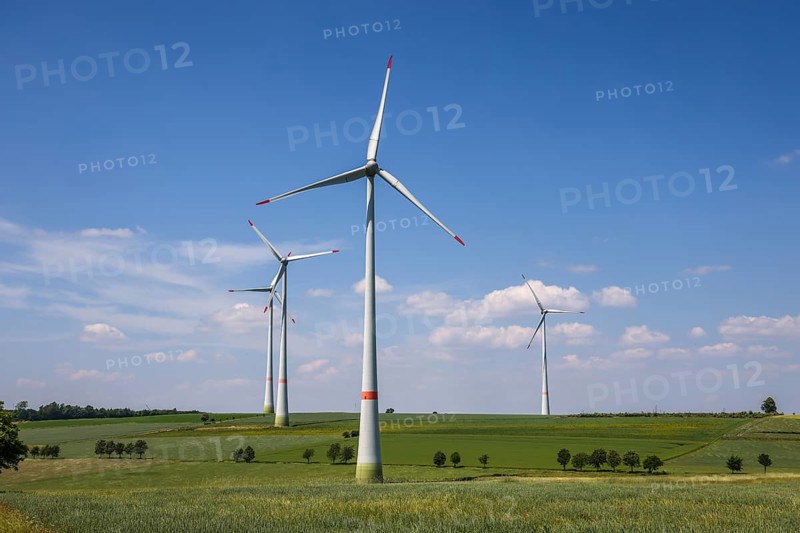 Lichtenau, North Rhine-Westphalia, Germany, wind farm in agricultural landscape with fields, hills and trees, Europe