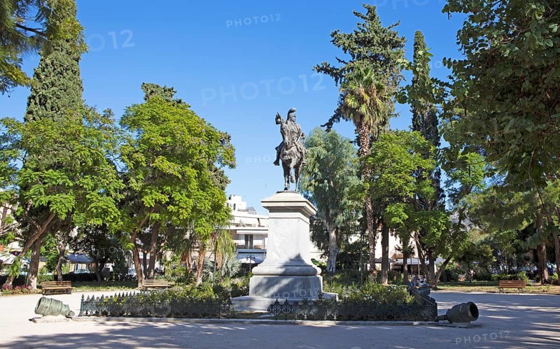 Equestrian monument in Kolokotronis Park, Nafplio, Argolis, Peloponnese, Greece, Europe