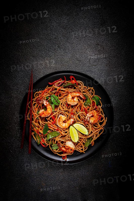 Fried udon noodles with shrimp and vegetables, Asian cuisine, homemade, no people