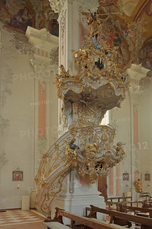 Magnificent baroque pulpit with sounding board by Johannes Förster, interior view, baroque, stucco decoration, decorations, arts and crafts, pulpit bonnet, pulpit cover, pulpit canopy, church, St Peter's, Old Town, Mainz, Rhine-Hesse region, Rhineland-Palatinate, Germany, Europe