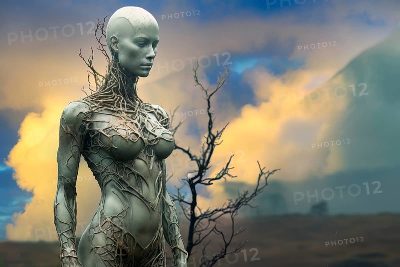Humanoid in a strange loneliness environment, AI generated
