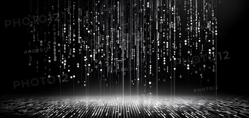 Abstract animation of binary code cascading down like digital rain, representing data insights in monochromatic black and white, AI generated