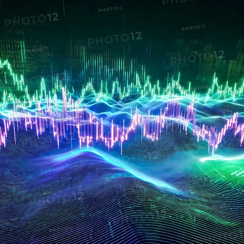 Glowing digital wave forms fluctuating in sync with a pulsating grid background, representing the heartbeat of artificial intelligence, AI generated