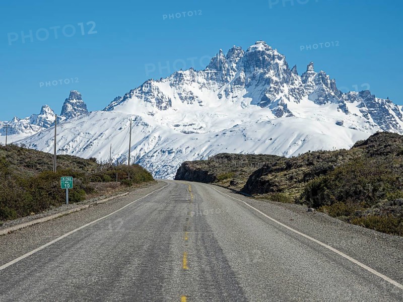 Snow-capped Mt. Cerro Castillo, rural road to Puerto Ingeniero Ibanez, east of Villa Cerro Castillo, Patagonia, Chile, South America