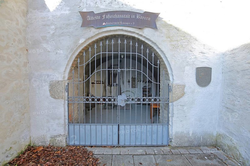 Monument with calibration of barrels, historical barrel calibration centre, calibration of barrels, oldest, office, town history, metal grid, calibration fountain, Lauingen, Donauried, Bavaria, Germany, Europe