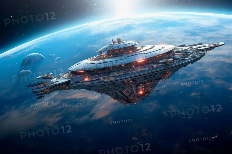Futuristic cosmic spaceship flying in space surrounded by planets, AI generated