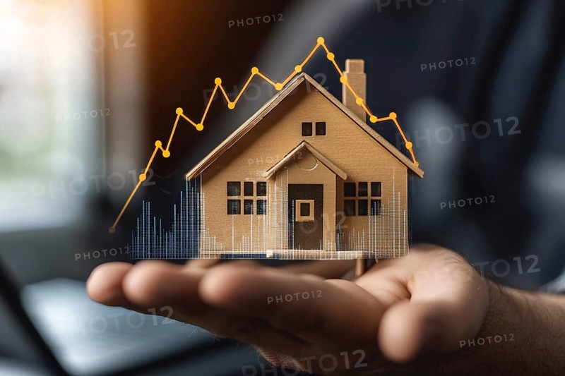 Hand holding small house model with graph. Generative AI, AI generated