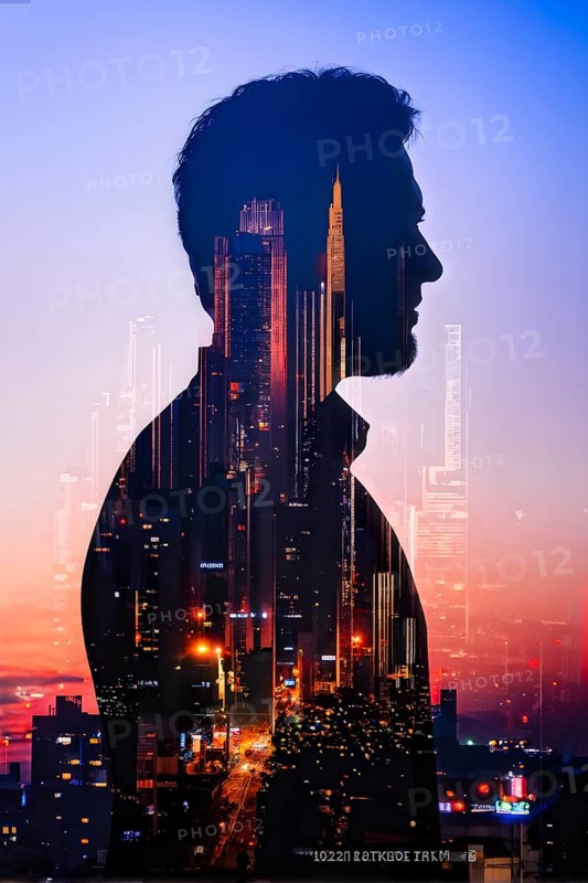 AI generated profile of a businessman with a double exposure of city lights, representing business success against an evening sky