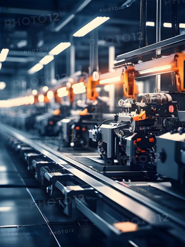 AI generated automotive assembly line in car manufacturing progression with automated machines
