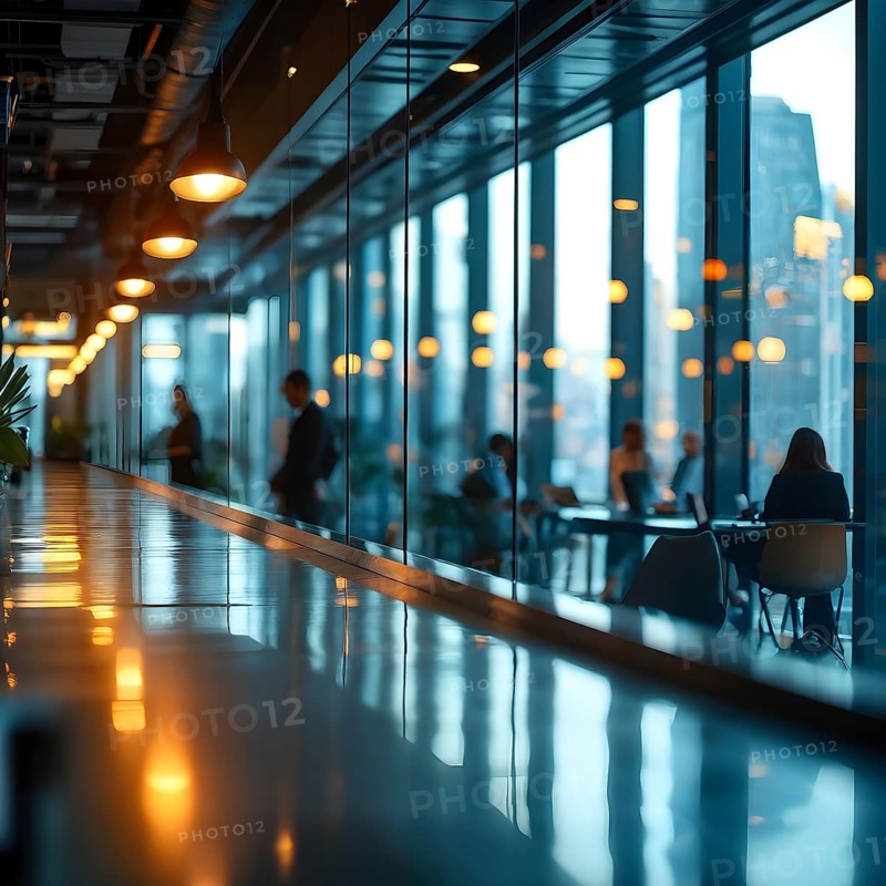 AI generated business office interior with people in casual wear in soft focus