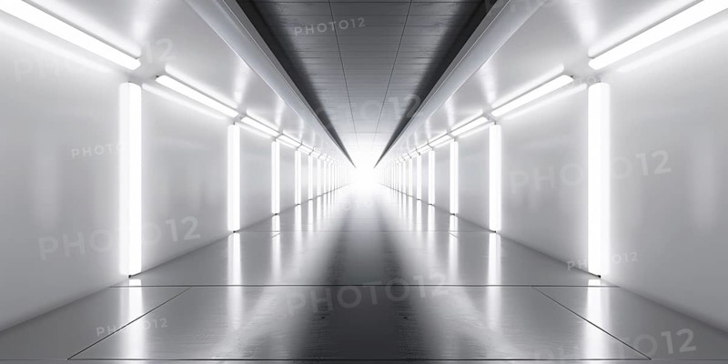 Futuristic long white hallway with lamps. Generative AI, AI generated