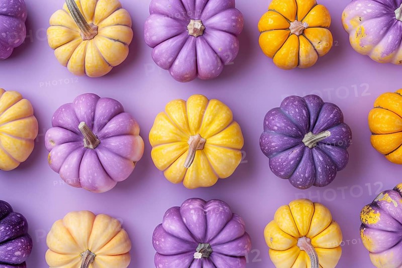 Op view of yellow and purple pumpkins on pastel blue background, Generative Ai, AI generated