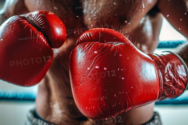 Close up of two red boxing gloves worn by man. Generative Ai, AI generated