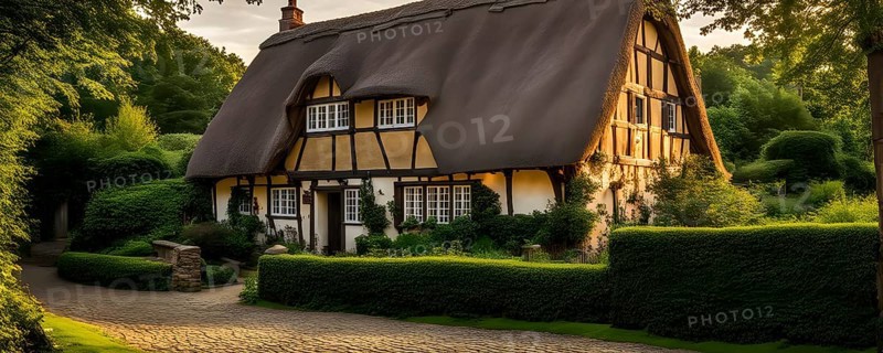 Traditional half timbered house nestled within the heart of a picturesque village in golden hour light, AI generated
