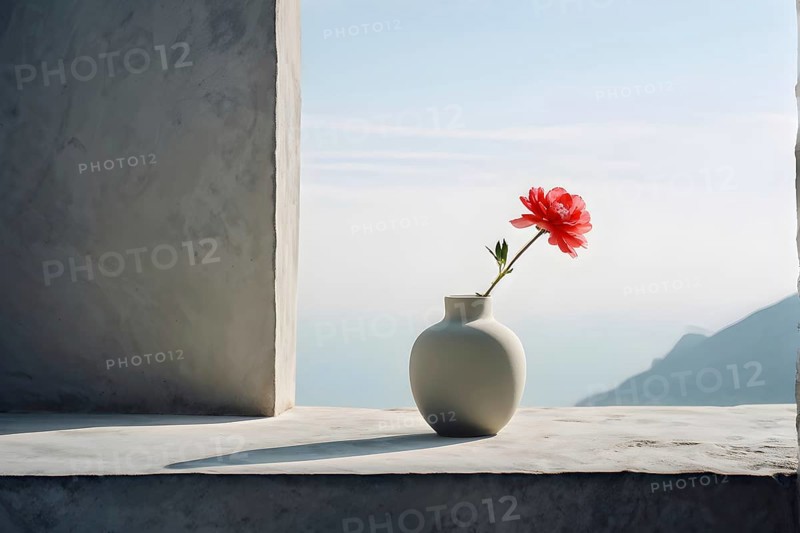 Minimalist ceramic vase composition with a single flower, AI generated