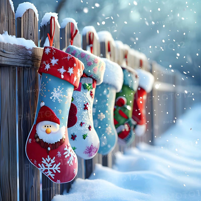 Row of Christmas stockings hanging from a snow-covered wooden fence, with delicate frost patterns forming on the colorful fabric, AI generated