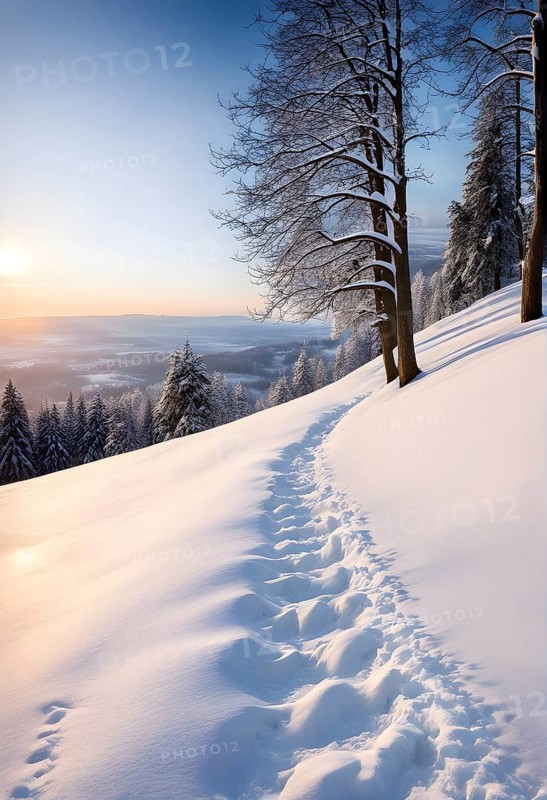 Footprints in fresh snow on a hill with a row of trees in winter in golden sunrise light, AI generated