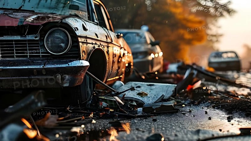 Close-up of damaged car wrecks after a road accident, AI generated