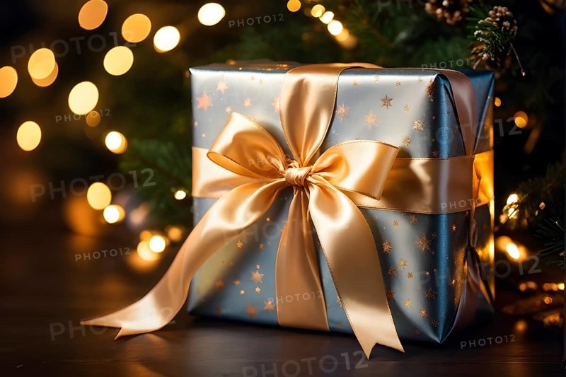Close-up of a beautifully wrapped Christmas gift with a satin ribbon, set under a glowing Christmas tree, AI generated
