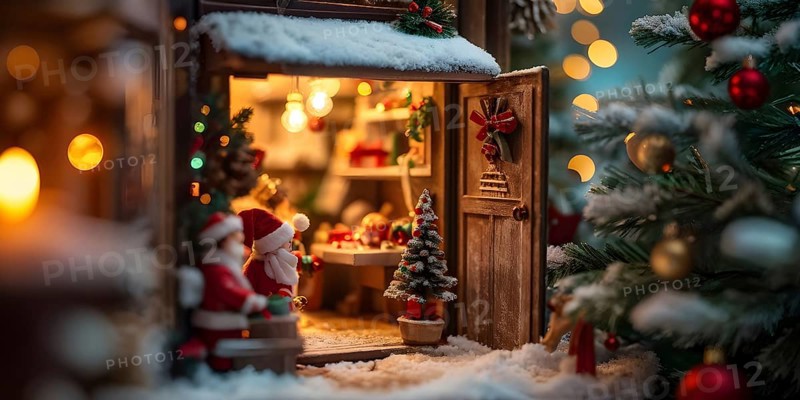Traditional advent calendar door opening, showing a tiny festive scene inside with miniature decorations, AI generated