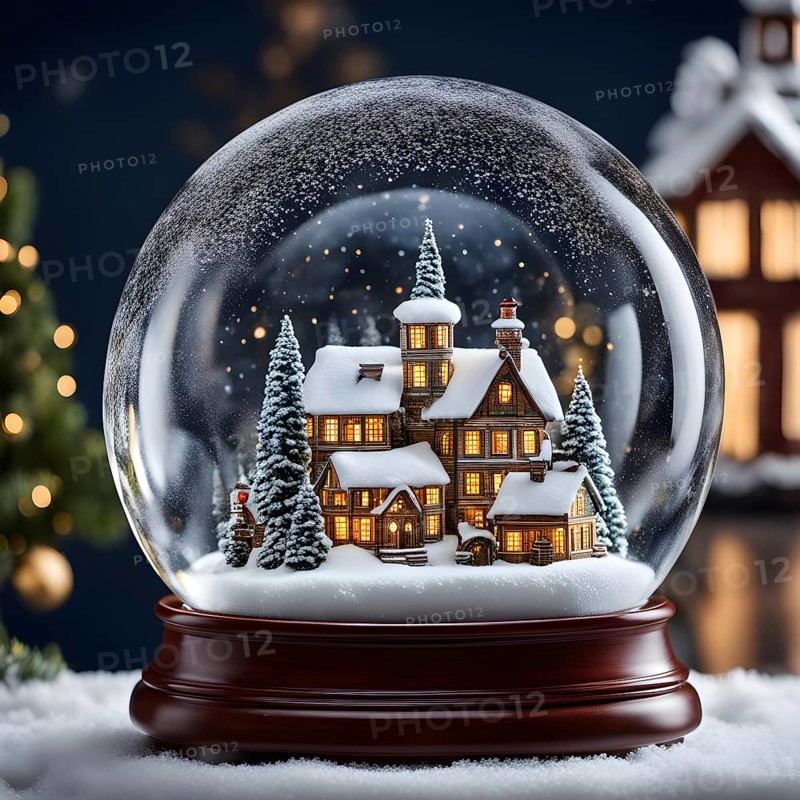 Snow globe with a tiny festive village inside, capturing the swirling snow and the light reflections on the glass dome, AI generated