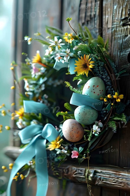 Spring wreath with pastel ribbons, speckled eggs, and blooming flowers, hanging on a wooden background, AI generated