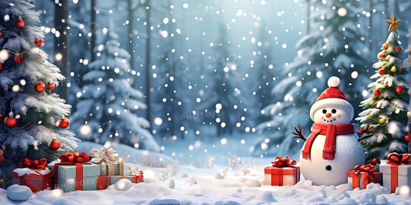 Peaceful and serene Christmas scene with a decorated Christmas tree with gifts presents and a cute snowman in a snowy forest, AI generated