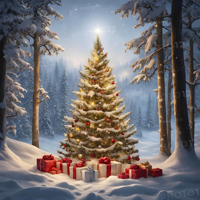 Peaceful and serene Christmas scene with a decorated Christmas tree with gifts presents and a cute snowman in a snowy forest, AI generated