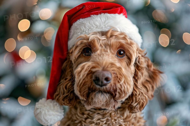 Cute Poodle dog with red santa hat in front of christmas tree. Generative Ai, AI generated