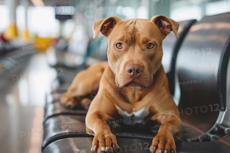 Traveling with a Pit Bull terrier. Dog with luggage in background at airport. KI generiert, generiert, AI generated