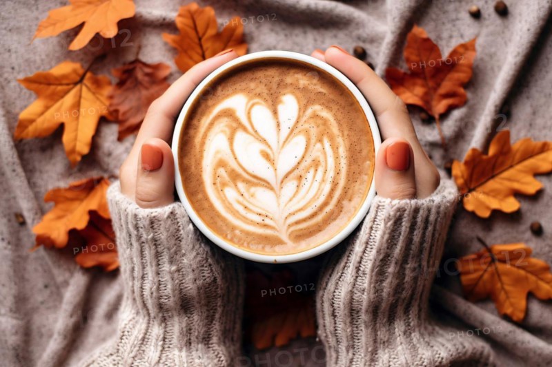 Woman's hands in sweater holding cup of coffee with latte art surrounded by autumn leaves. KI generiert, generiert, AI generated