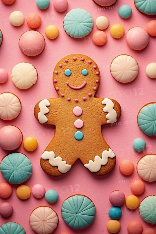Cute gingerbread man cookie on pink background. KI generiert, generiert, AI generated