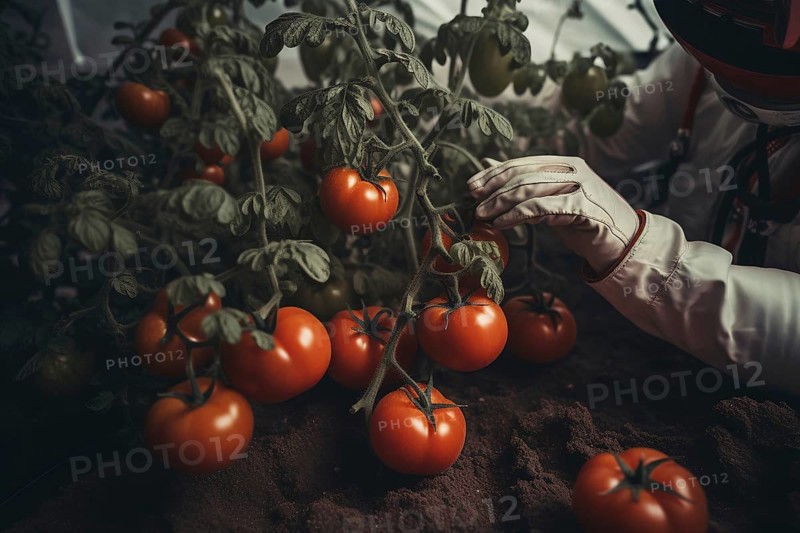 Astronaut tending to tomatoes on planet marls. Colonization of other planets. KI generiert, generiert AI generated