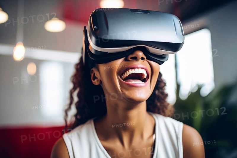 Black smiling woman with VR glasses. AI generated